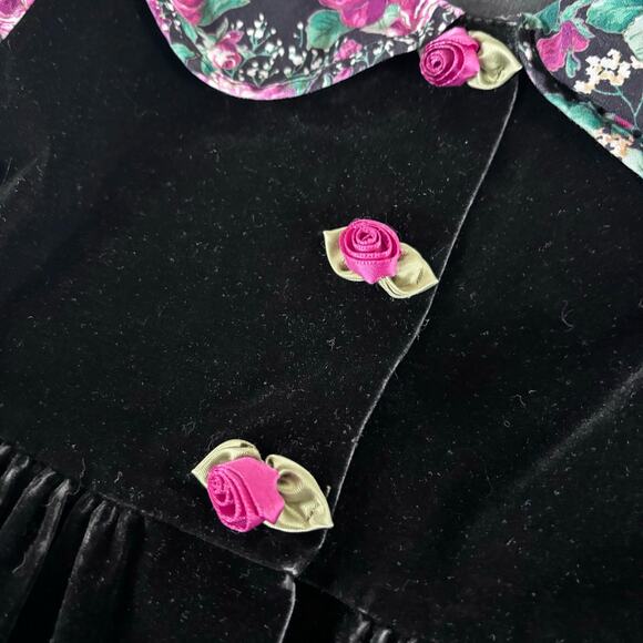 Vintage Jo Lene Girls Dress Small 6 Black Floral Velvet Collared Made in USA - Picture 7 of 9